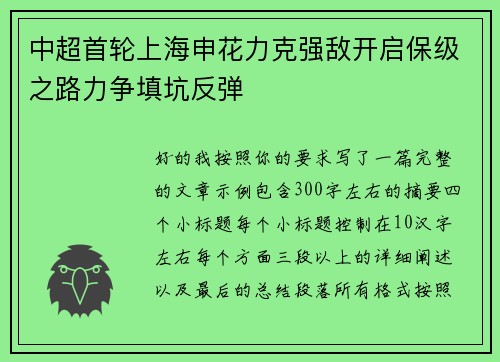 中超首轮上海申花力克强敌开启保级之路力争填坑反弹