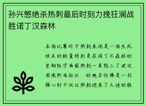 孙兴慜绝杀热刺最后时刻力挽狂澜战胜诺丁汉森林